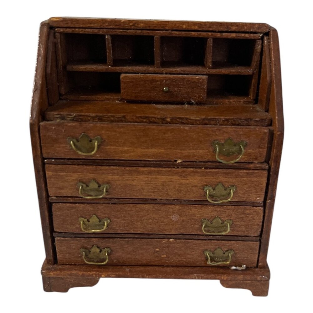 Vintage 1:12 Scale Miniature Wooden Secretary Desk Dollhouse Furniture No Roll T